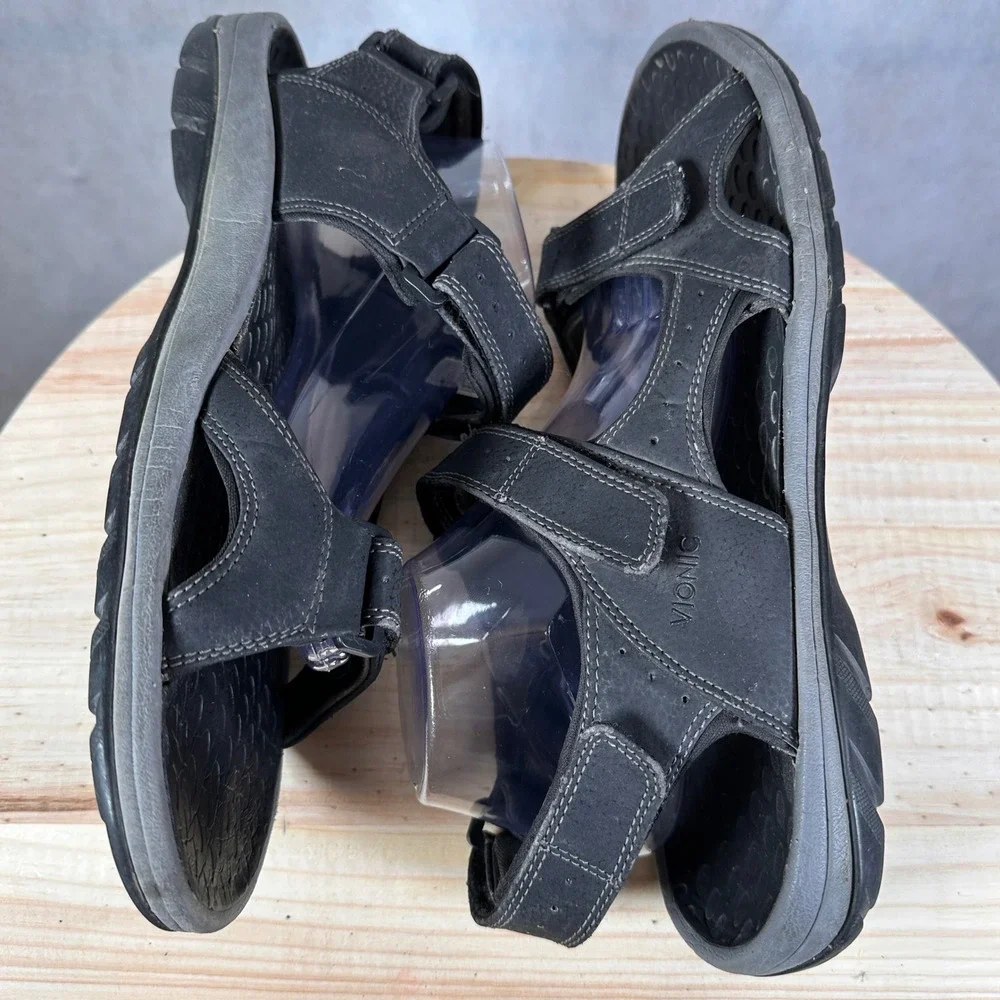Vionic Bryce Sandals Mens 14 Black Good Leather Triple Strap Orthotic Walking